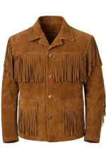 rust brown suede western jacket with classic fringe yoke and pocket trim