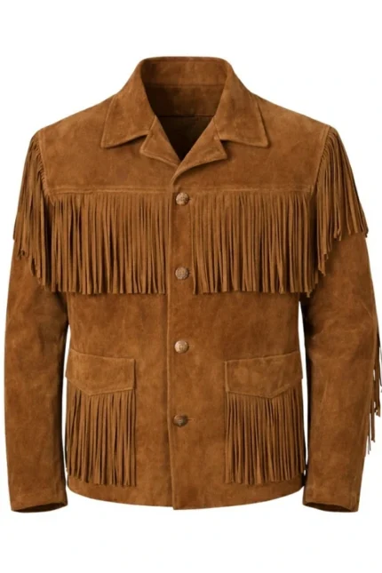 rust brown suede western jacket with classic fringe yoke and pocket trim