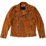 rust suede moto jacket with fringe yoke asym zip and belted waist