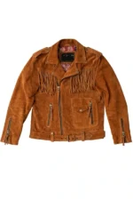 rust suede moto jacket with fringe yoke asym zip and belted waist