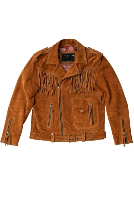 rust suede moto jacket with fringe yoke asym zip and belted waist