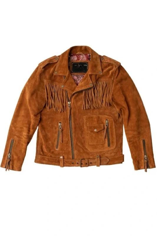 rust suede moto jacket with fringe yoke asym zip and belted waist