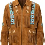 rust suede western jacket with tribal panels bone accents and fringe detail