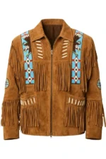 rust suede western jacket with tribal panels bone accents and fringe detail