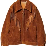 rust suede western jacket with v-shape fringe panels and front zip closure