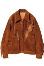 rust suede western jacket with v-shape fringe panels and front zip closure