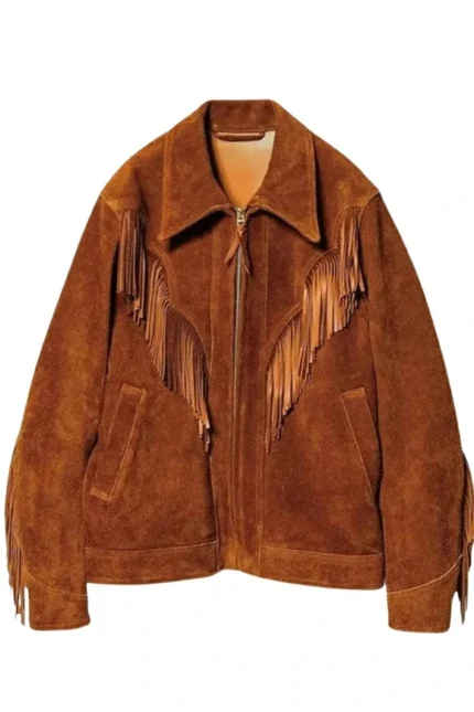 rust suede western jacket with v-shape fringe panels and front zip closure
