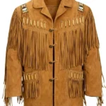 rust tan suede western jacket with toggle closure and beaded fringe detailing