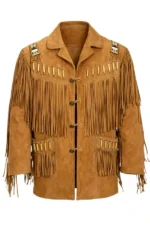 rust tan suede western jacket with toggle closure and beaded fringe detailing