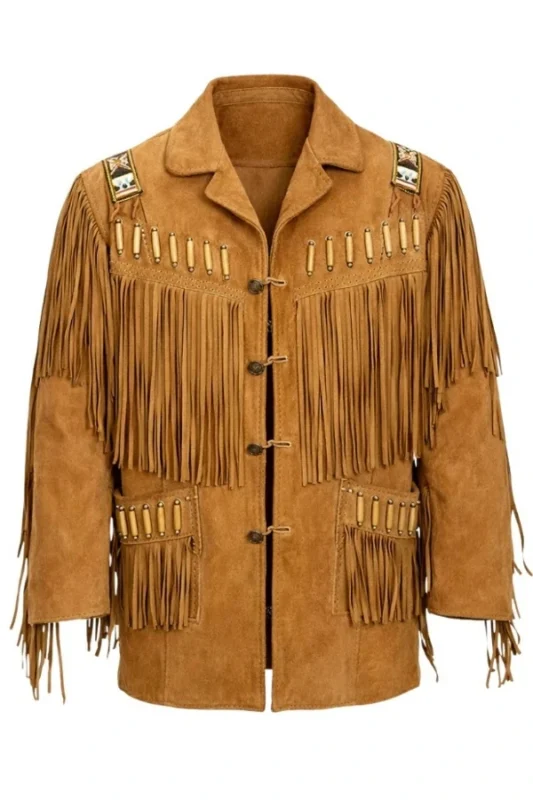 rust tan suede western jacket with toggle closure and beaded fringe detailing