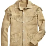 sand suede western jacket with fringe shoulder yoke and button front