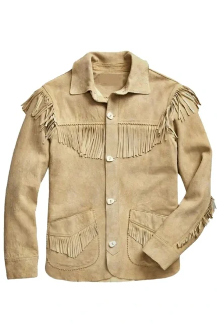 sand suede western jacket with fringe shoulder yoke and button front
