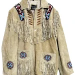 sand suede western jacket with multicolor beaded panels and fringe detailing