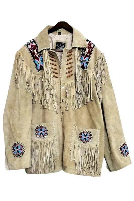 sand suede western jacket with multicolor beaded panels and fringe detailing