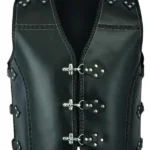 studded harness style black leather vest with buckle shoulders