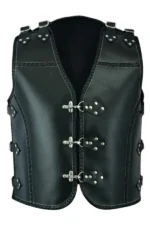 studded harness style black leather vest with buckle shoulders