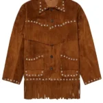 studded western brown suede jacket with fringe yoke and rivet trim