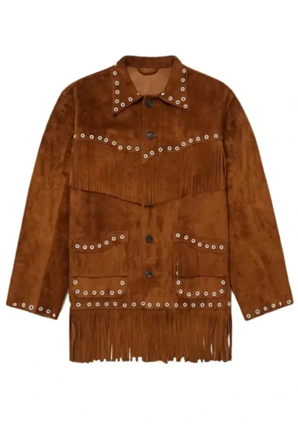 studded western brown suede jacket with fringe yoke and rivet trim