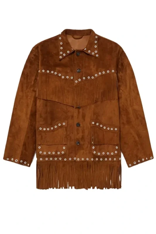 studded western brown suede jacket with fringe yoke and rivet trim
