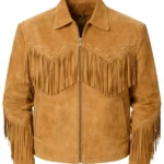 tan suede fringe western jacket with zip closure and chevron yoke