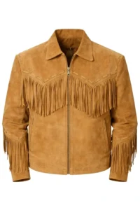 tan suede fringe western jacket with zip closure and chevron yoke