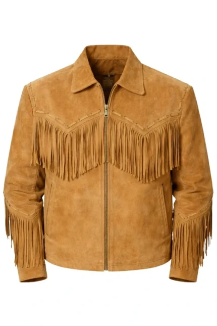 tan suede fringe western jacket with zip closure and chevron yoke