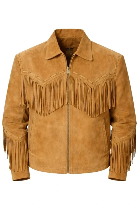 tan suede fringe western jacket with zip closure and chevron yoke