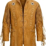 tan suede western jacket with lace-up front and tribal rosette detailing