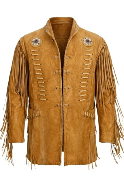 tan suede western jacket with lace-up front and tribal rosette detailing