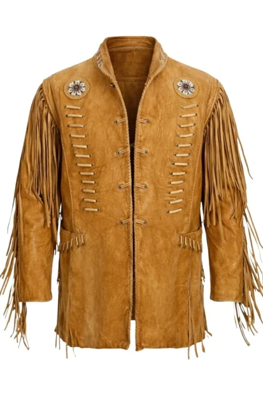 tan suede western jacket with lace-up front and tribal rosette detailing