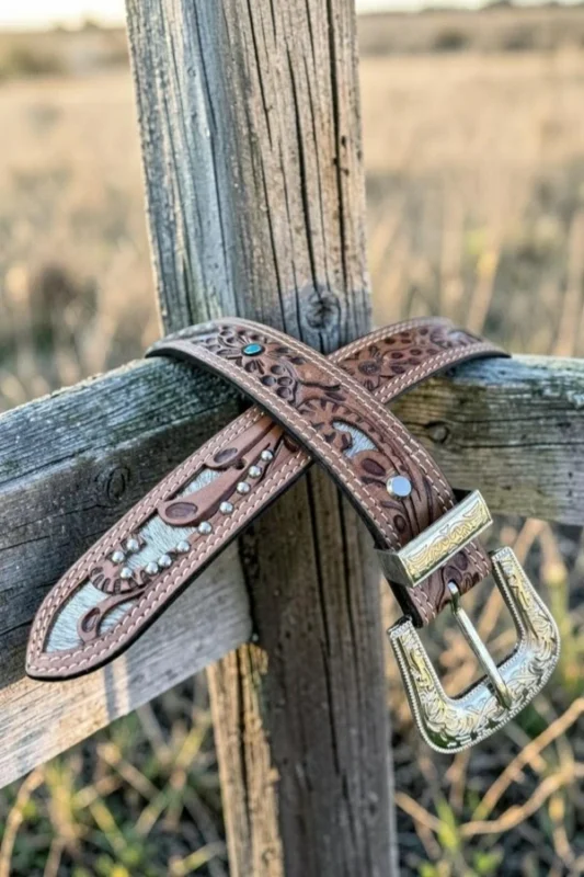 tooled-western-leather-belt-with-hair-on-hide-panels-stud-accents-and-turquoise-detail