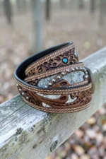 tooled-western-leather-belt-with-hair-on-hide-panels-stud-accents-and-turquoise-detail-detailed-view