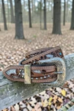 tooled-western-leather-belt-with-hair-on-hide-panels-stud-accents-and-turquoise-detail-full-view