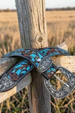 turquoise-floral-western-leather-belt-with-tooled-design-and-engraved-buckle