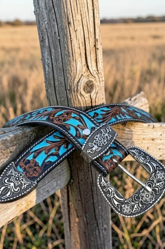 turquoise-floral-western-leather-belt-with-tooled-design-and-engraved-buckle