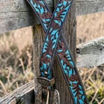 turquoise floral western leather belt with tooled design and engraved buckle