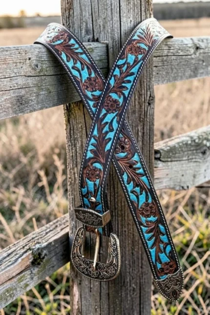 turquoise floral western leather belt with tooled design and engraved buckle