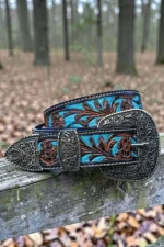 turquoise-floral-western-leather-belt-with-tooled-design-and-engraved-buckle-full-view