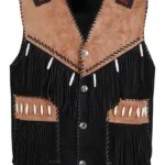 two-tone western suede leather vest with fringe and bone accents