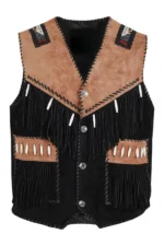 two-tone western suede leather vest with fringe and bone accents