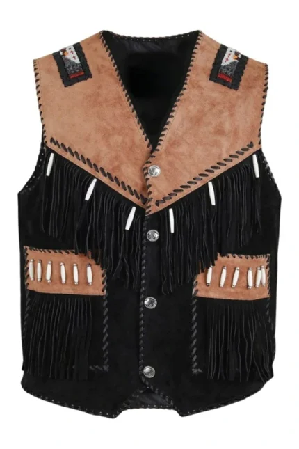 two-tone western suede leather vest with fringe and bone accents