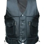 utility style black leather vest with zip and snap pockets