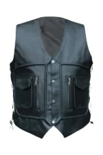 utility style black leather vest with zip and snap pockets