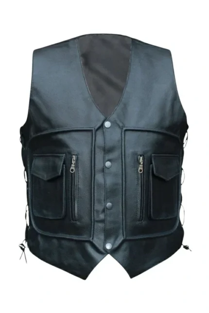 utility style black leather vest with zip and snap pockets