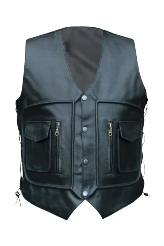 utility style black leather vest with zip and snap pockets