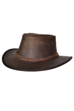 vintage brown leather cowboy hat with braided band and distressed finish