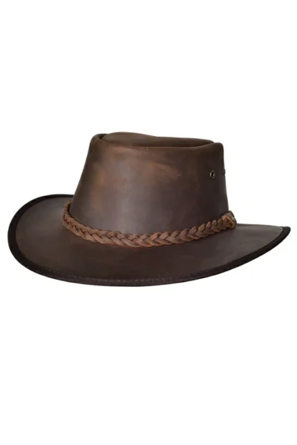 vintage brown leather cowboy hat with braided band and distressed finish