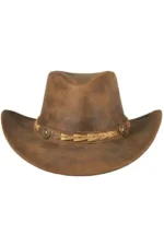 vintage brown leather cowboy hat with braided band and rustic finish