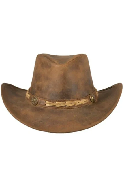 vintage brown leather cowboy hat with braided band and rustic finish
