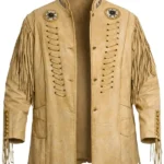 vintage sand suede western jacket with lace-up front and fringe sleeves